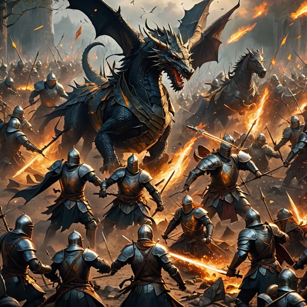 Epic Medieval Battle with Dragon in Dark Fantasy Style