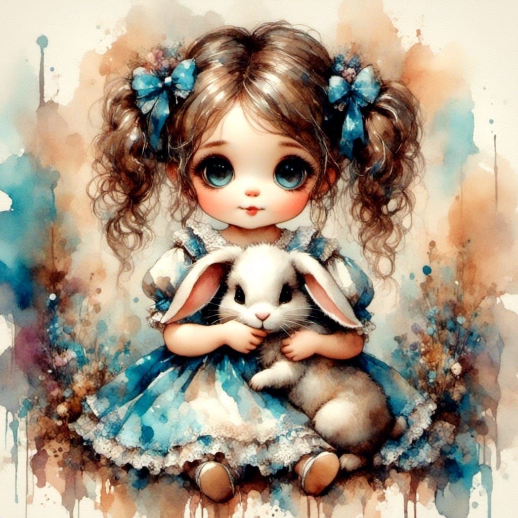 Girl and Bunny in Antique Watercolor Style