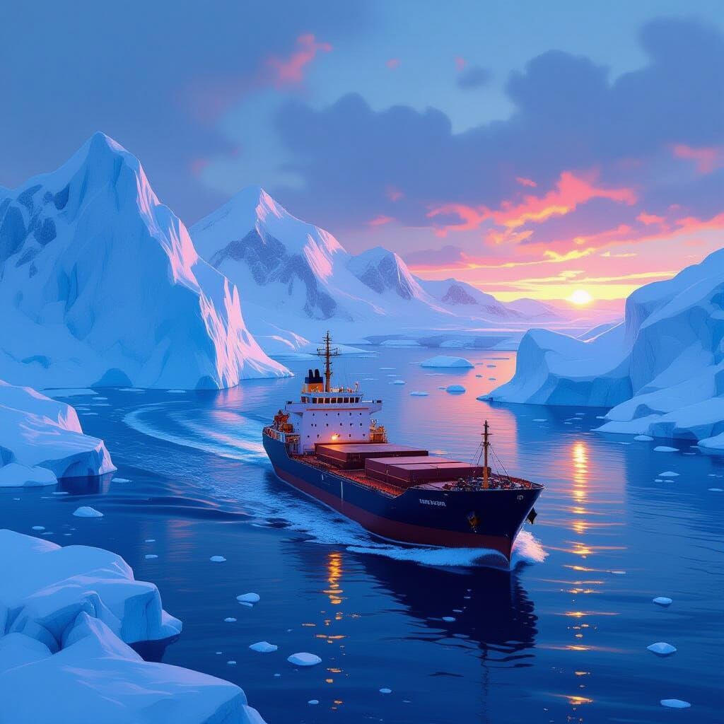 Cargo Ship Navigates Frozen Nordic Sea: Digital Art