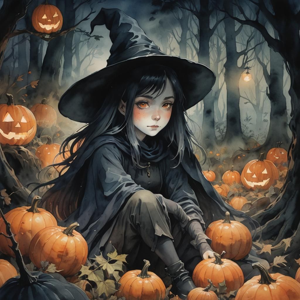 Mystical Witch Among Pumpkins: Watercolor Painting