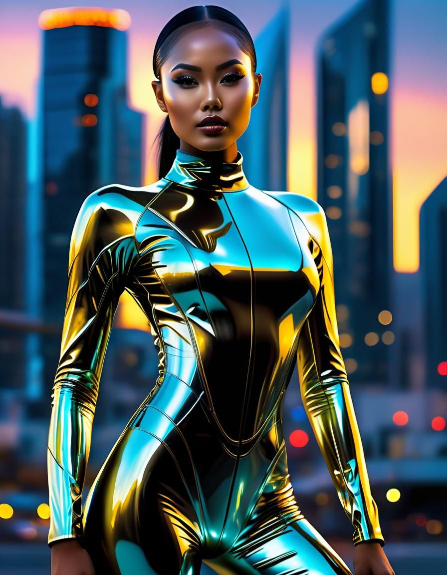 Cyberpunk Indonesian Woman in Liquid Metal Bodysuit
