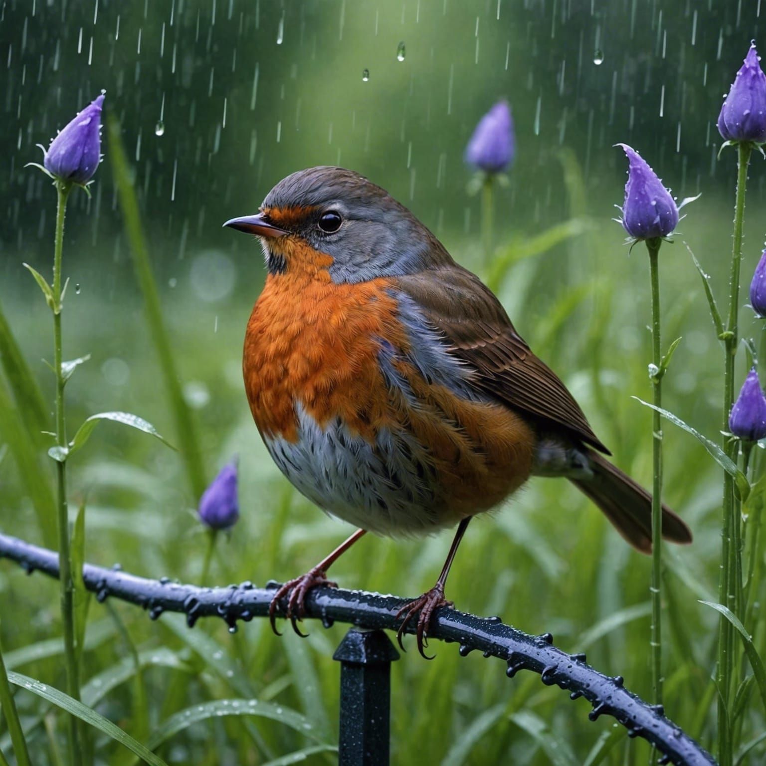 Robin in Gothic Garden in Summer Rain