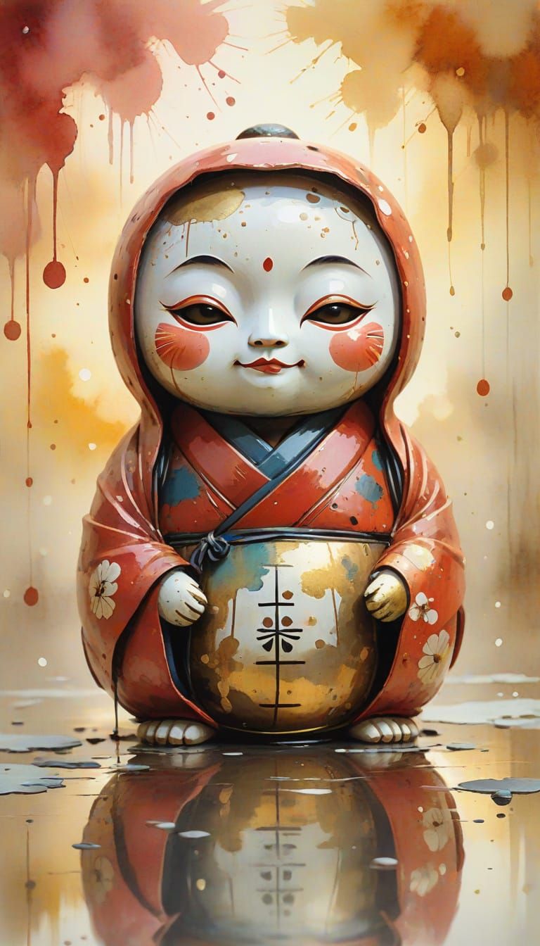 Watercolor Portrait of a Whimsical Daruma Doll