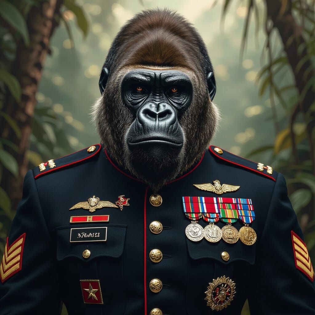 Gorilla in USMC Uniform: Hyperrealistic Jungle Portrait