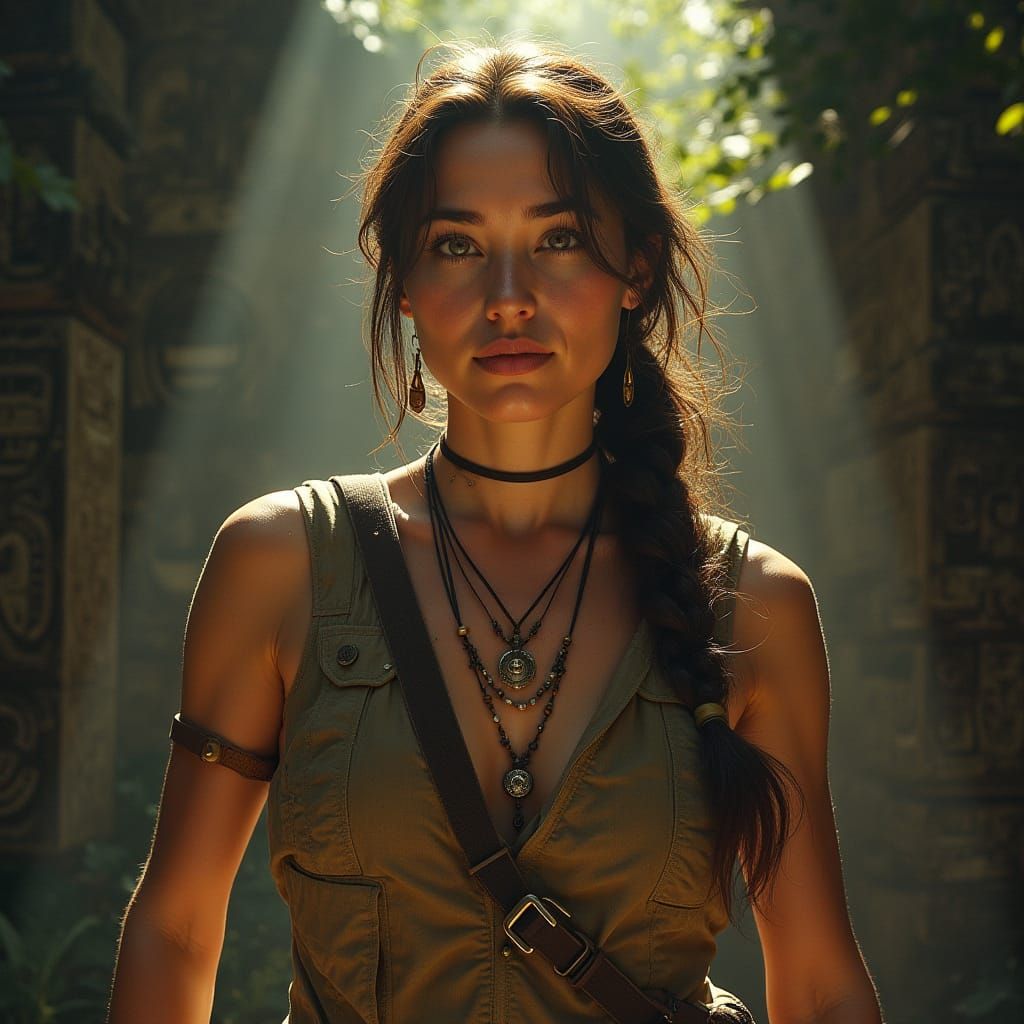 Archaeologist Near Jungle Temple in Art Nouveau Style