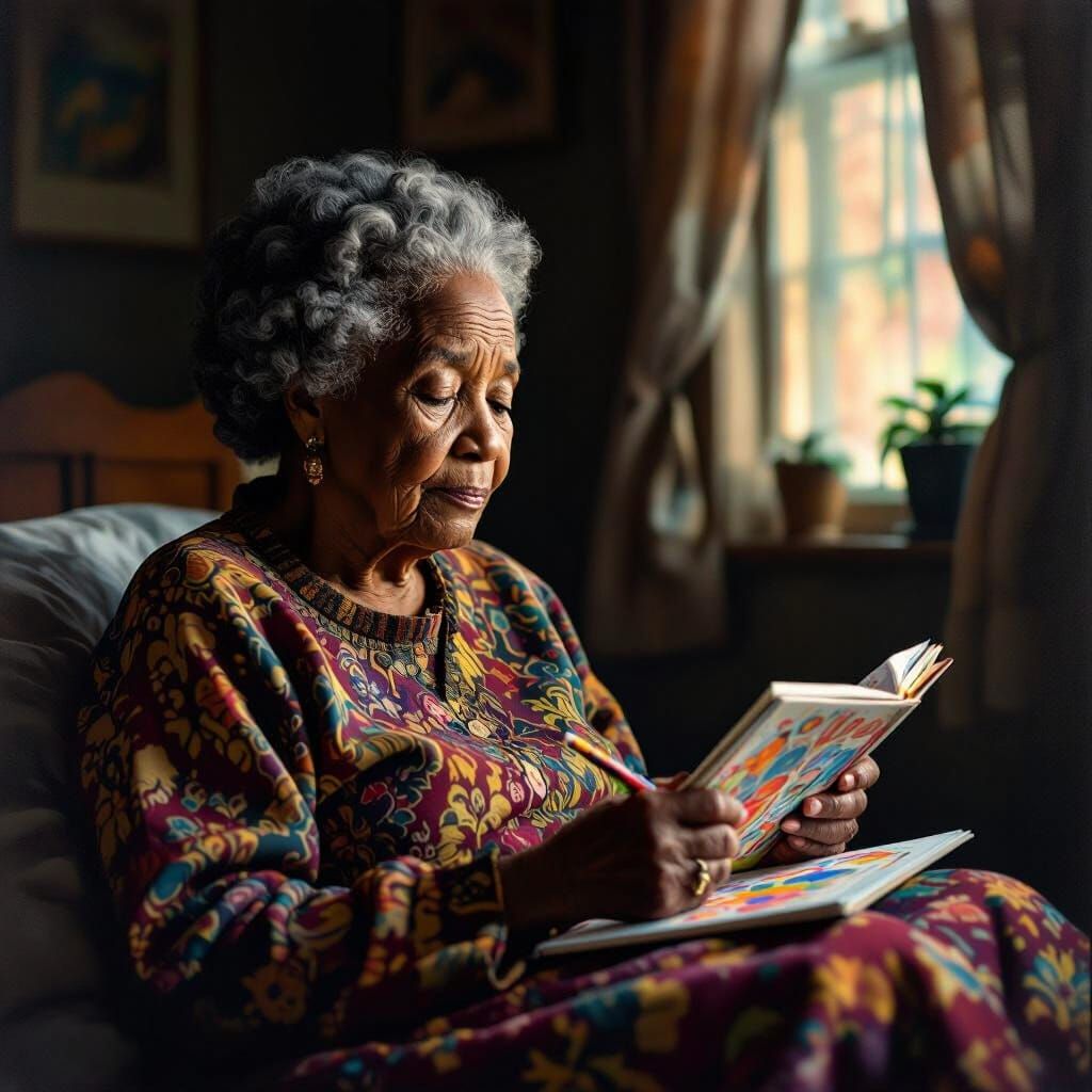 Elderly Woman Contemplating Life in Dimly Lit Room