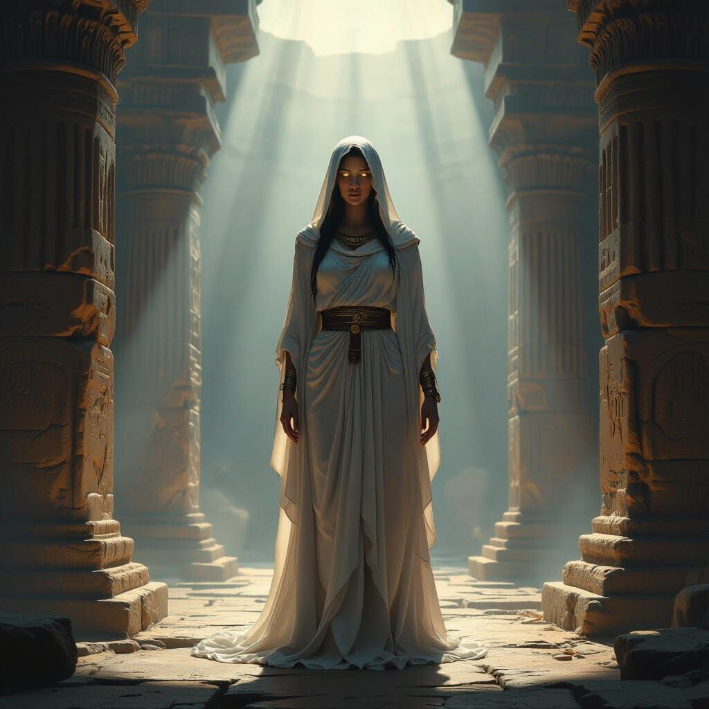 Oracle of Pythia in Ancient Temple with Cinematic Lighting