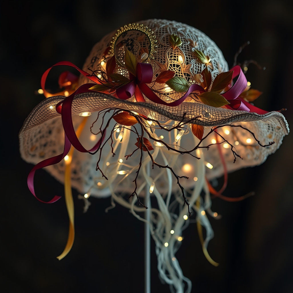 Ethereal Hat Design with Ribbons and Lights