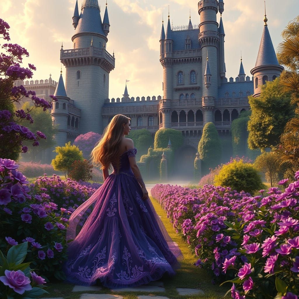 Elegant Lady Strolls Through a Vibrant, Medieval-Inspired Ga...