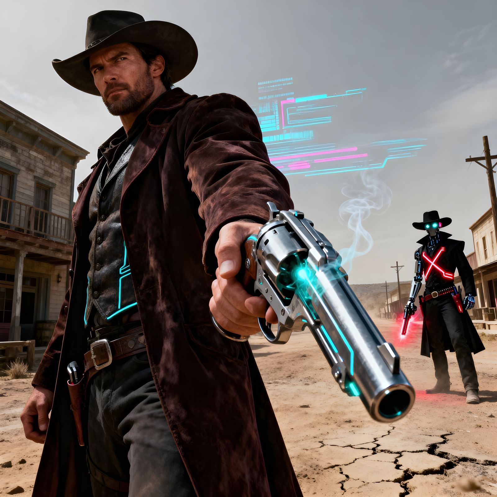 Cinematic Showdown: Hero Faces Villain in Retro-Futuristic T...