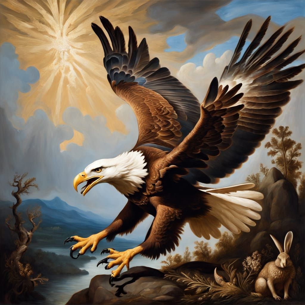Renaissance oil painting of an eagle diving on a hare, drama...