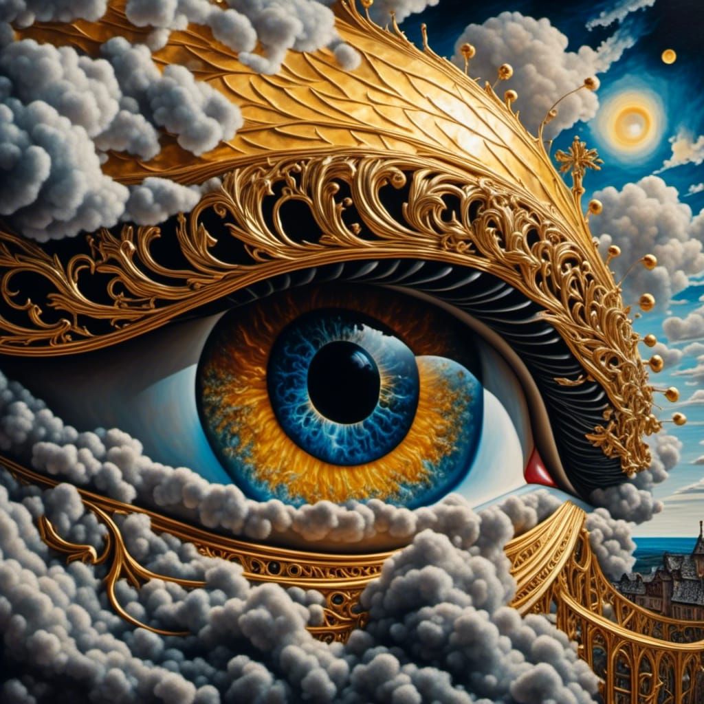 Golden Rail Disappearing into Surreal Eye, Oil Painting