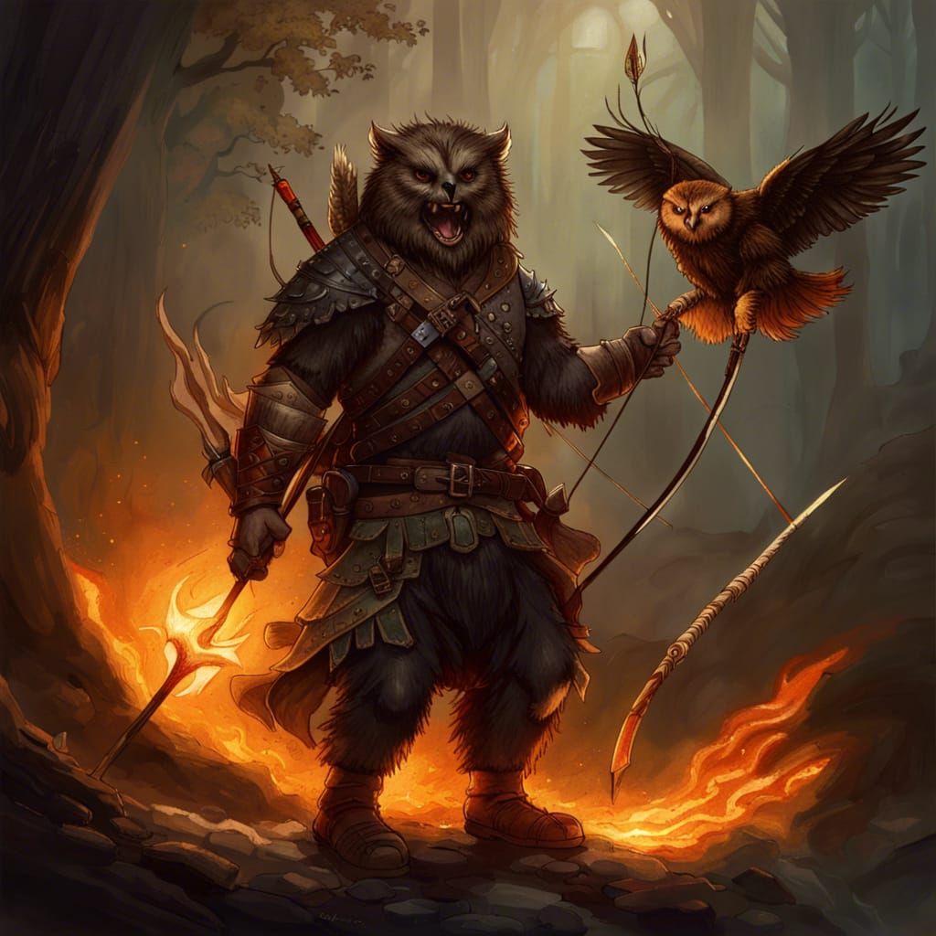 Teifling Ranger and Owlbear in Dark Fantasy Style