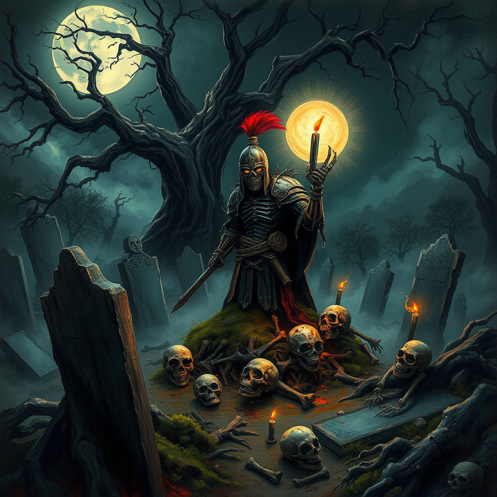 Eerie Graveyard Scene with Skeletal Warrior