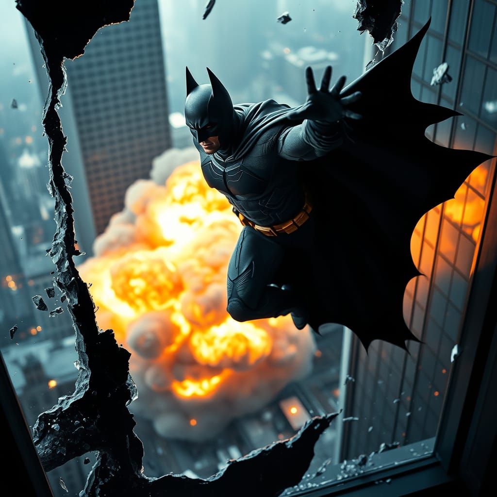 Epic Batman Leap from Skyscraper in Gritty 35mm Style