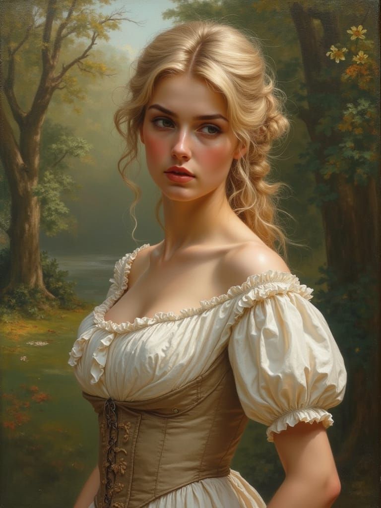 Regency Oil Painting of Beautiful Blonde Woman in Garden
