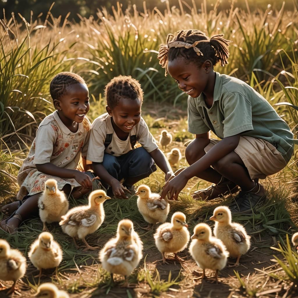 African Children Play with Chicks: Wildlife Photography