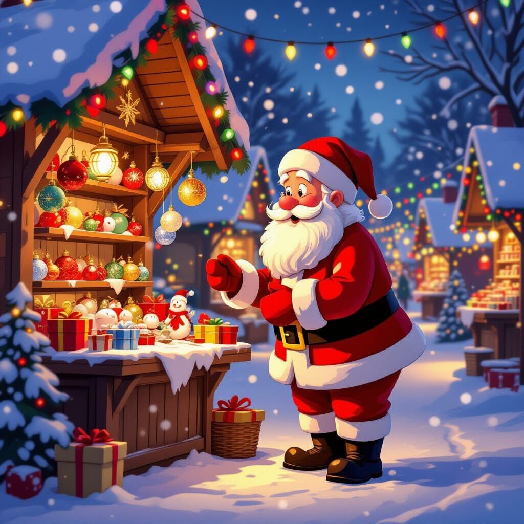 Whimsical Christmas Market Dusk Scene with Santa and Ornamen...