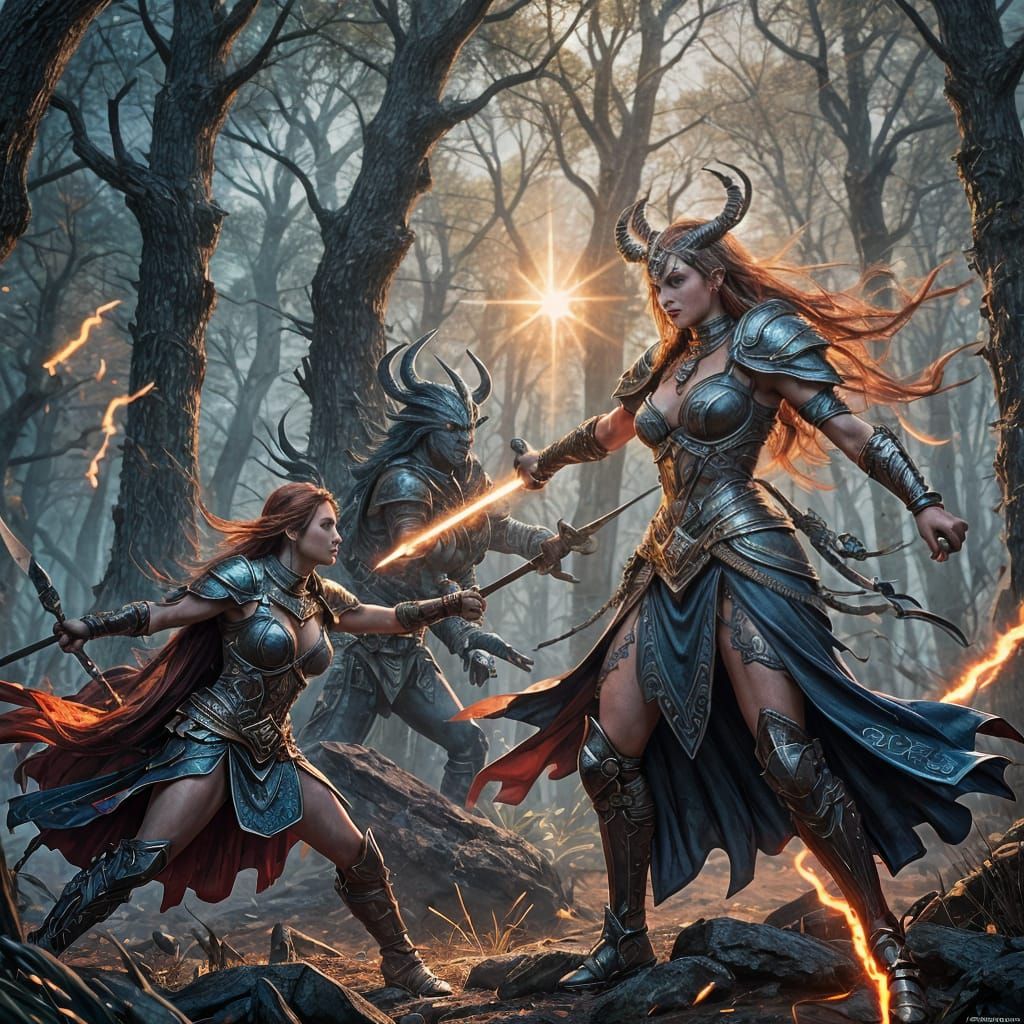 Warrior Goddess Defeats Evil Woman: Fantasy Art