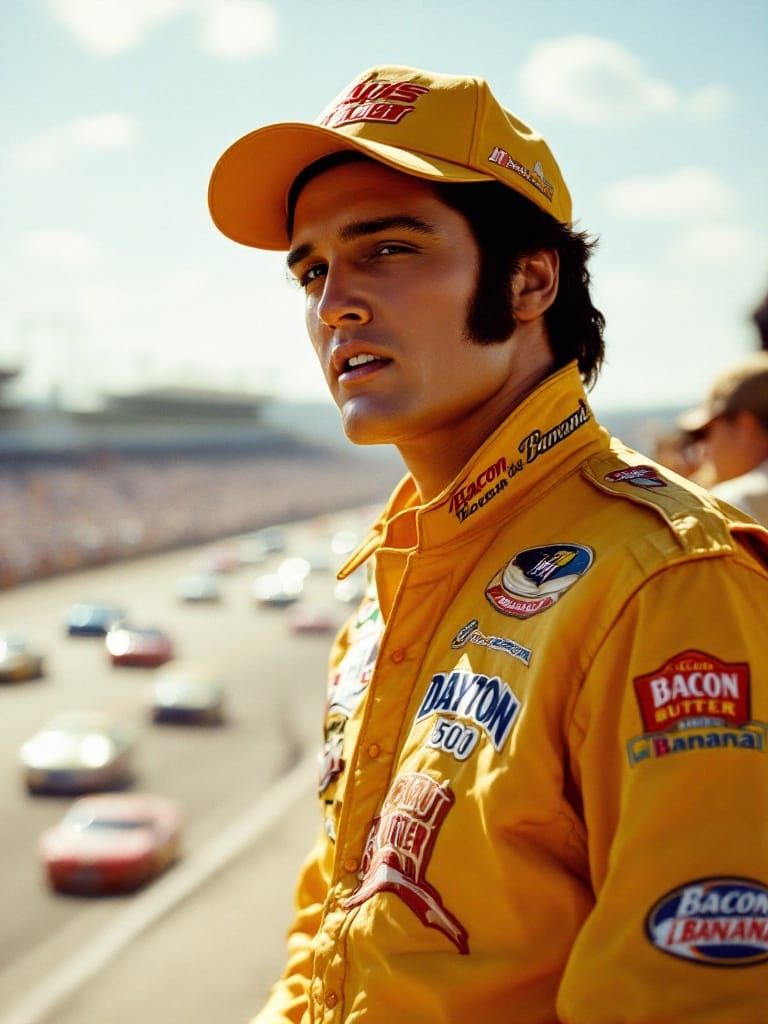 Elvis Presley as a NASCAR driver, sponsored by the peanut butter, banana, and bacon industry 🥜🍌🥓
