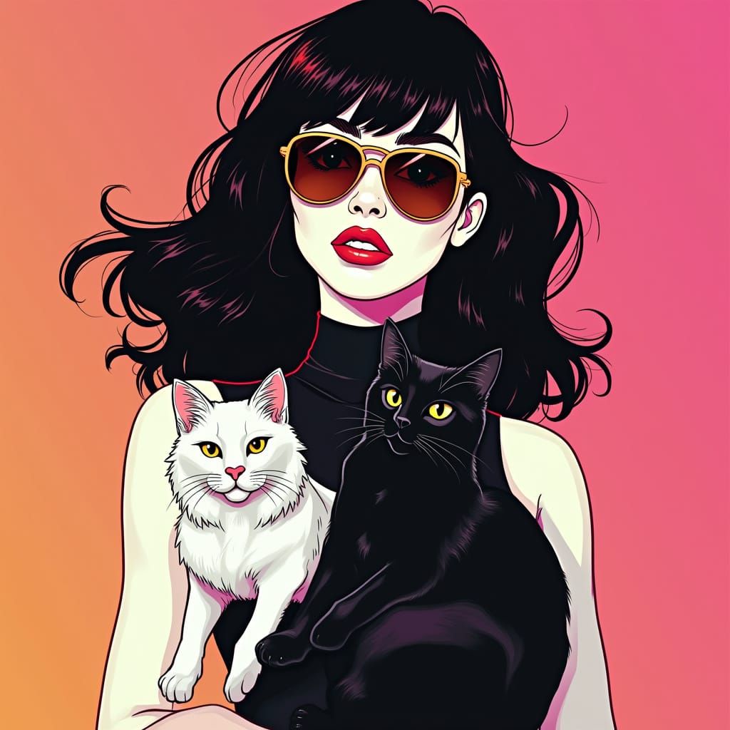 Woman with Cats in 80s Pop Art Style