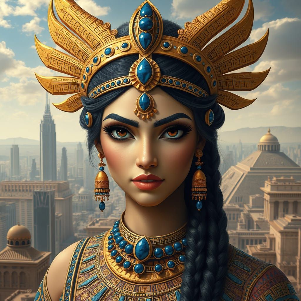 Ageless Mesopotamian Goddess Empresses Amidst Futuristic Cit...