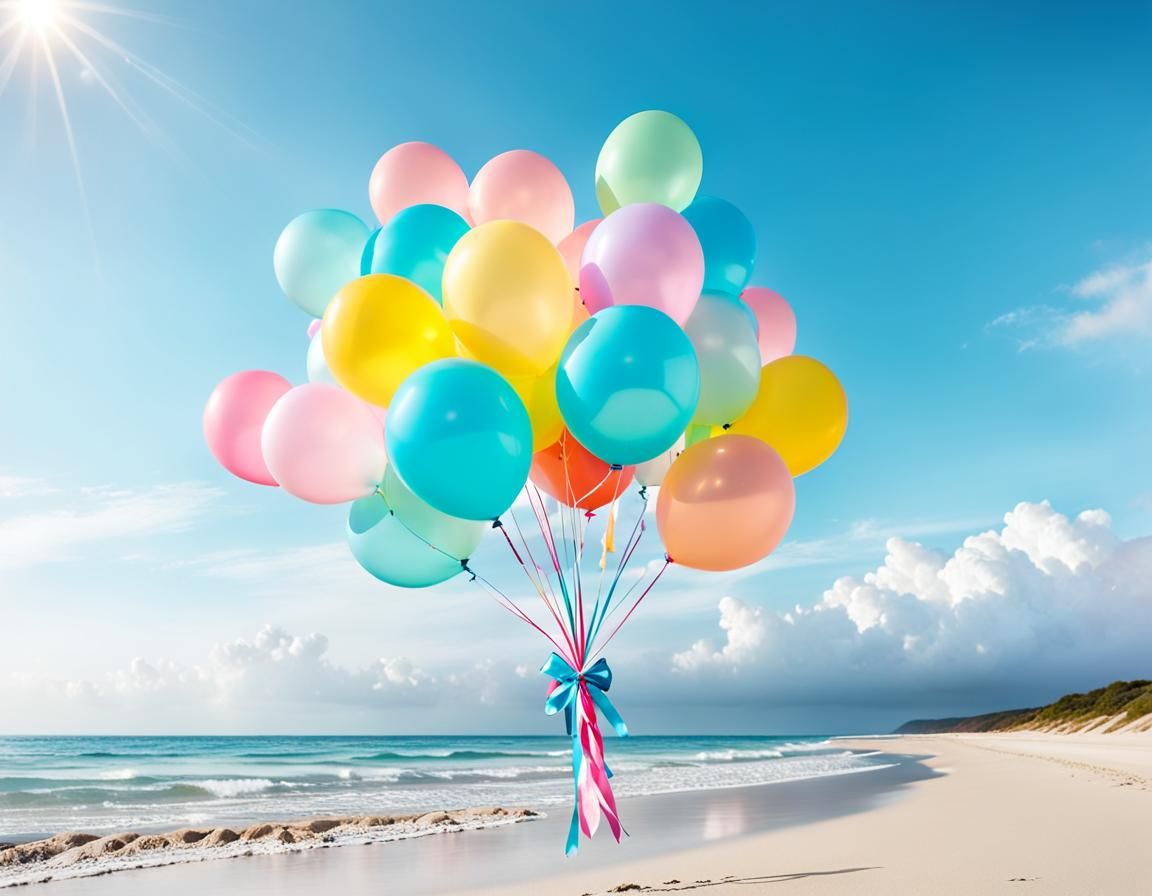 Pastel Balloons Over Beach in Pearlescent Colors