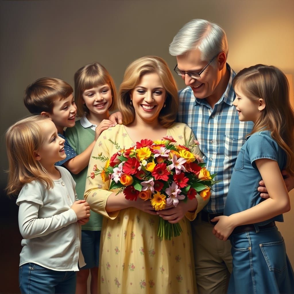 Warm Family Moment in Whimsical Oil Painting Style