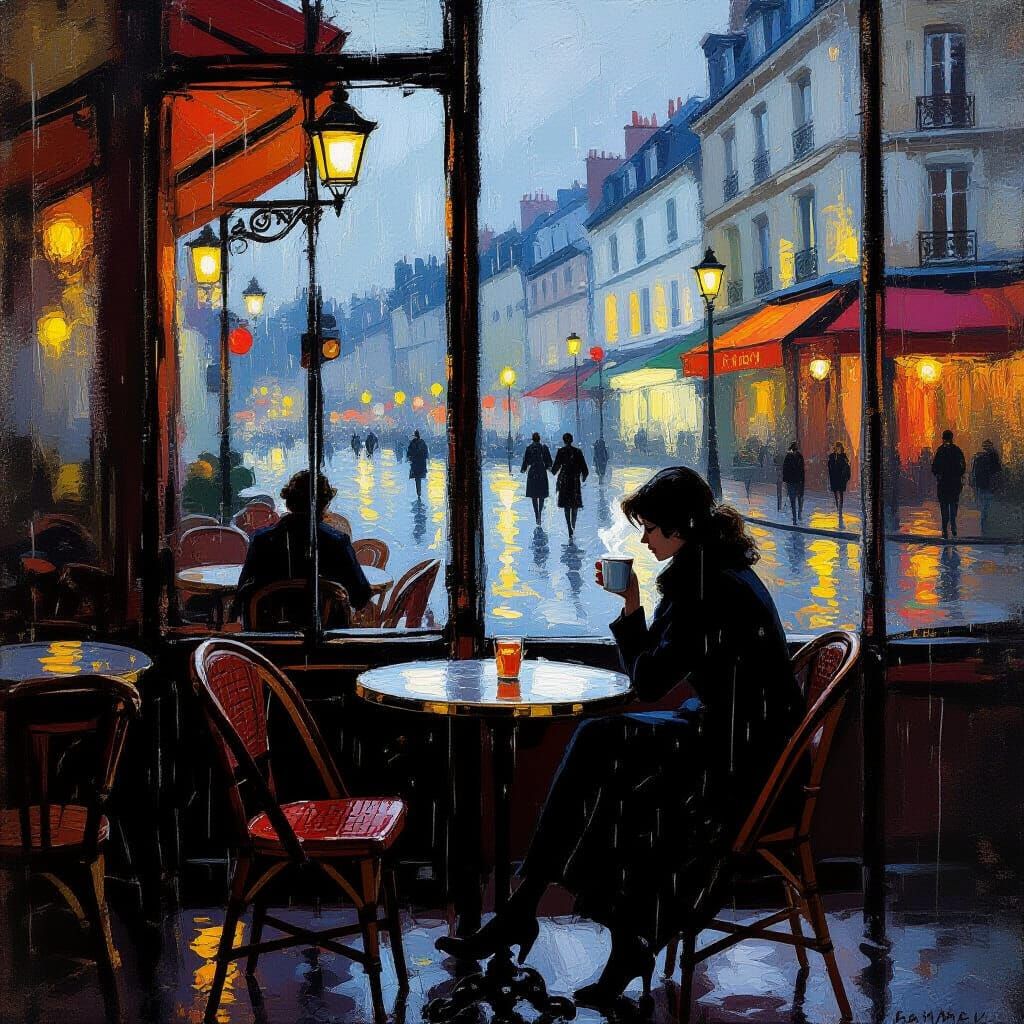 Cozy Parisian Cafe at Dusk, Impressionistic Style