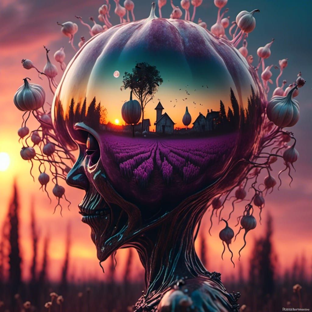 Garlic Head Double Exposure in Hyperrealistic Horror Style