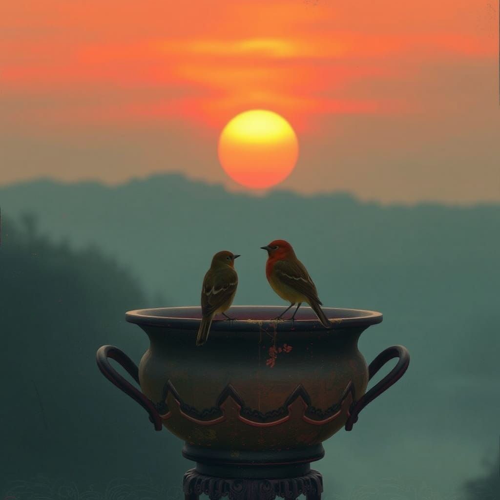 Birds on Telephone Pole at Sunset