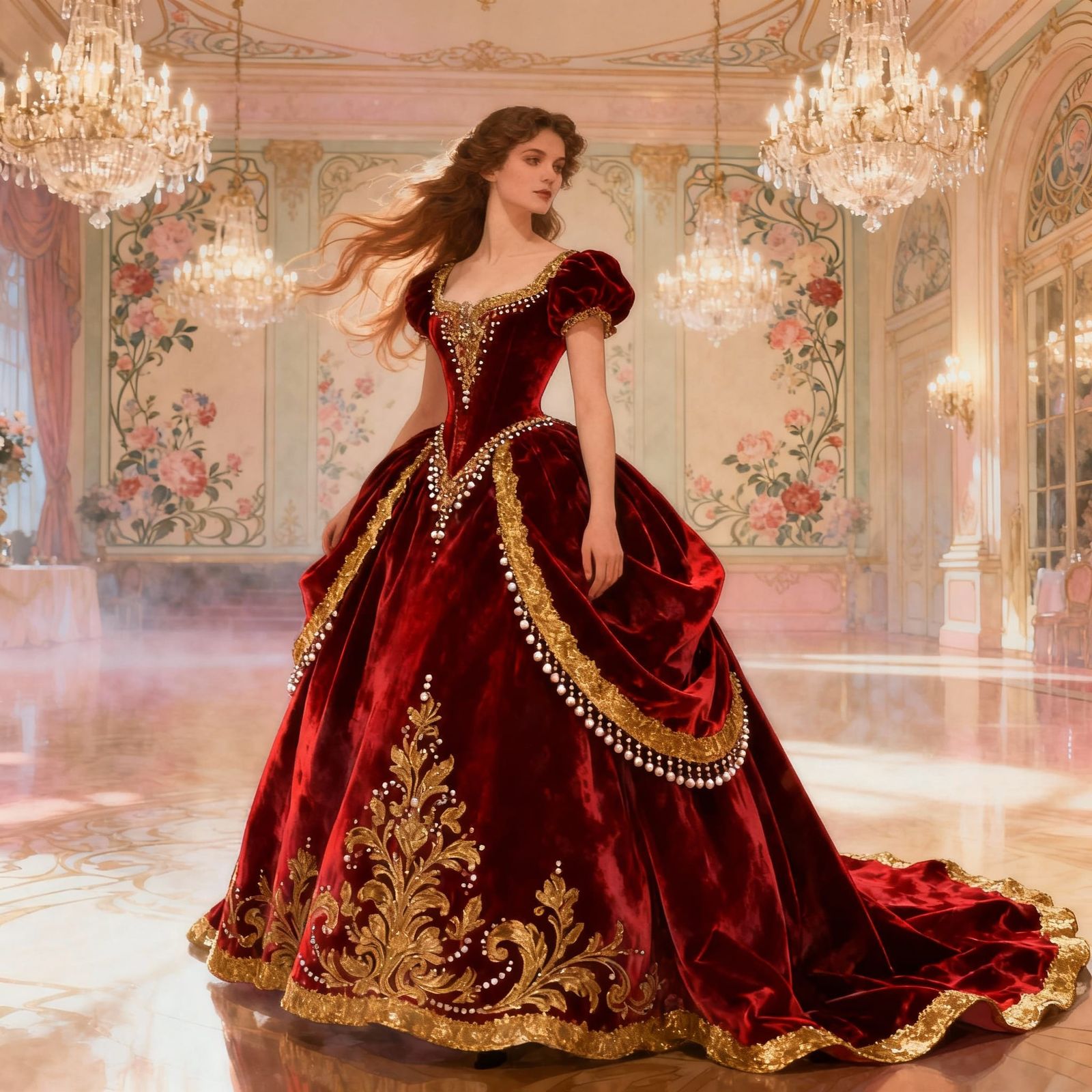 Art Nouveau Woman in Crimson Ballgown