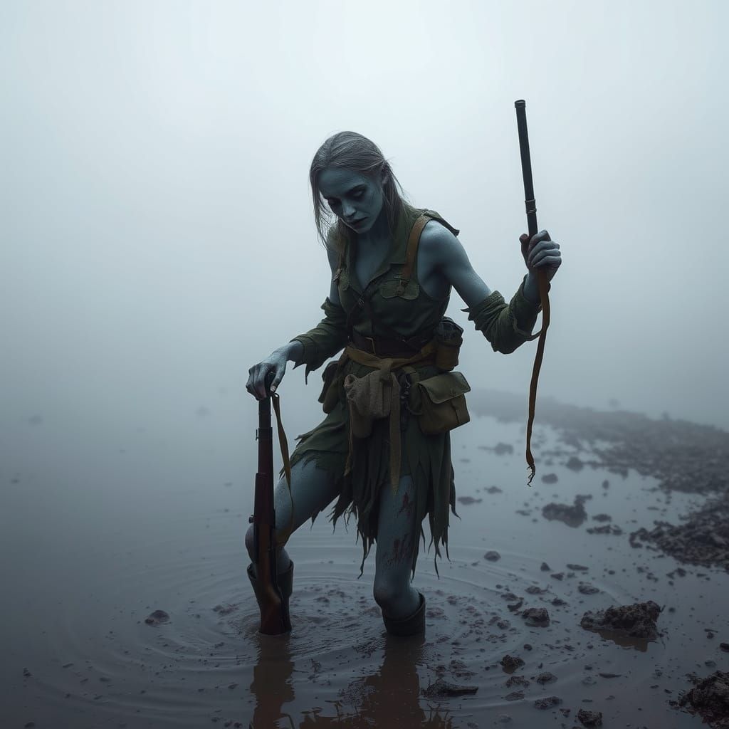 Eerie Zombie Soldier in Mist, Atmospheric Digital Art