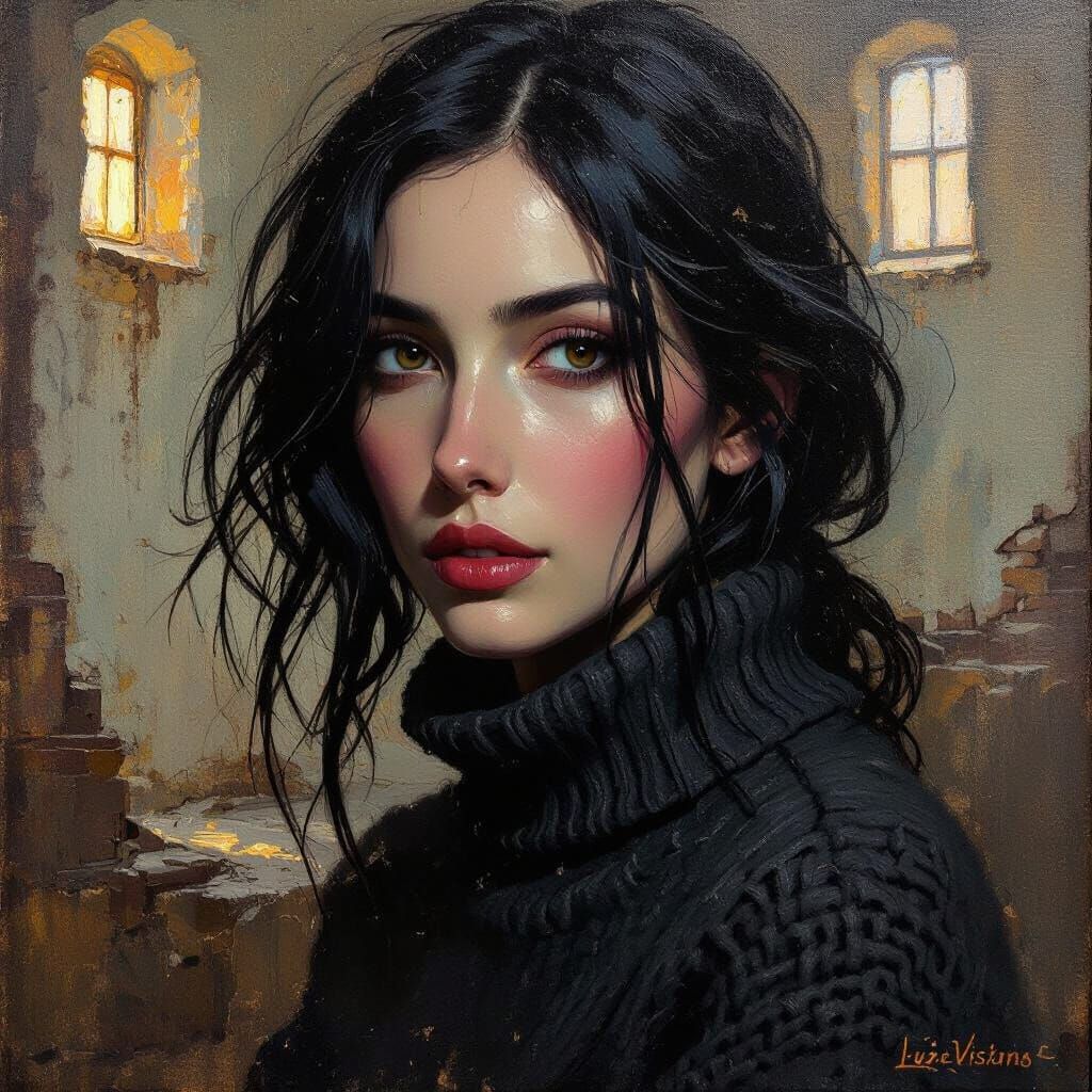 Textured Oil Portrait of a Woman in Loose Knit Sweater