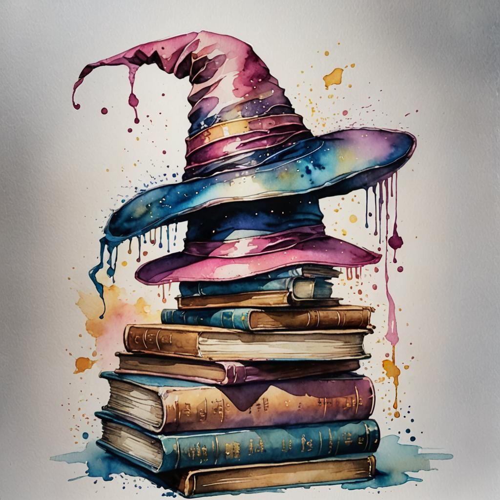 Pink Witch Hat on Books in Watercolor Illustration
