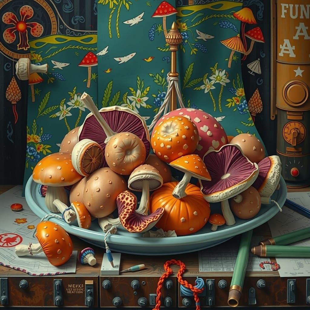 Surreal Mushroom World in Linocut Style