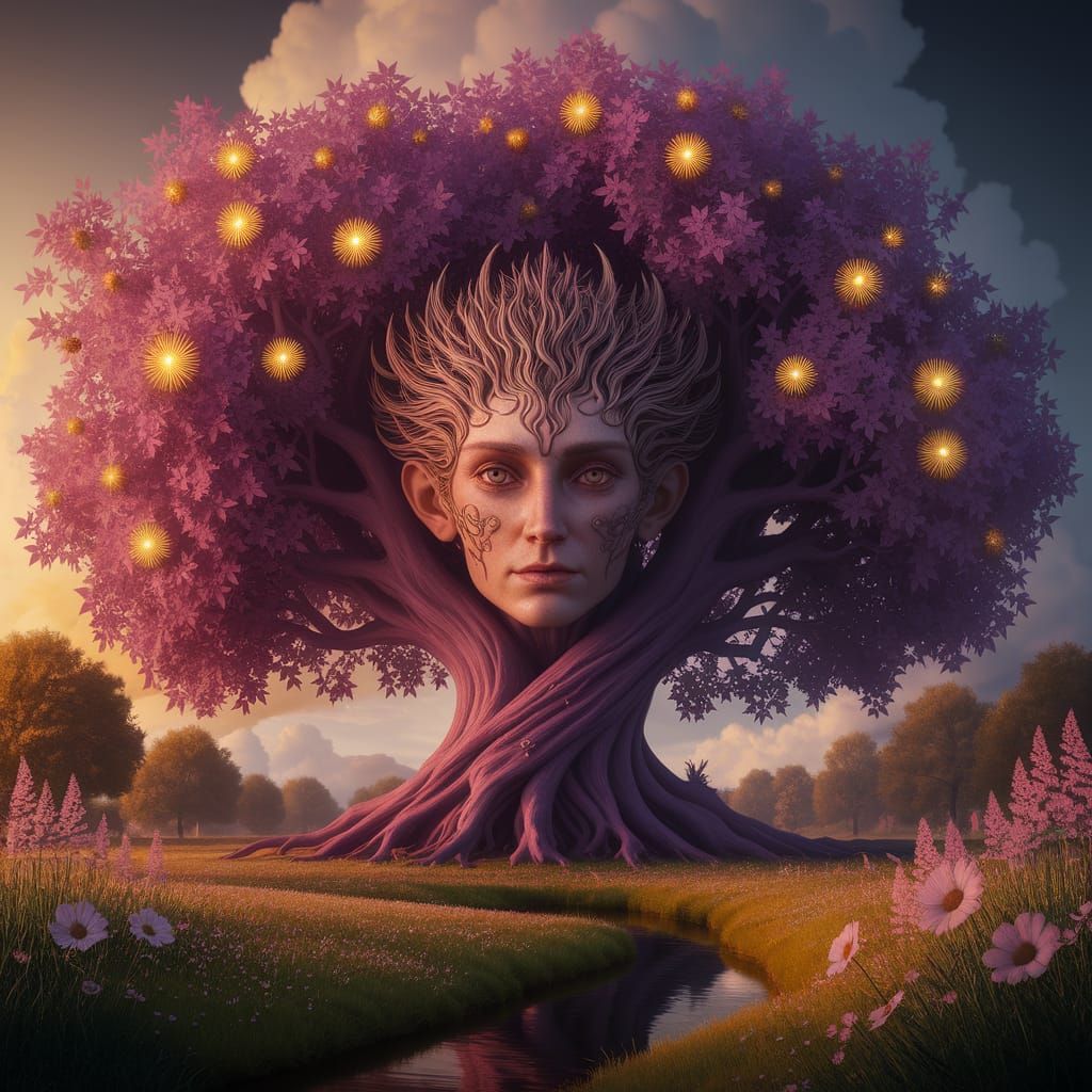 Majestic Tree Spreads over Vibrant Meadow in Dreamlike HDR