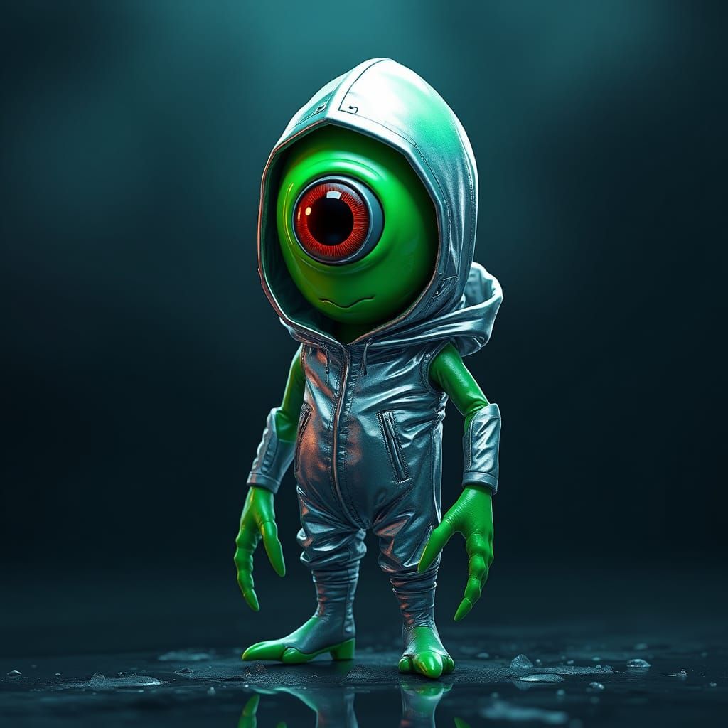 Fluorescent Squid-Alien-Minion in Metallic Jumpsuit