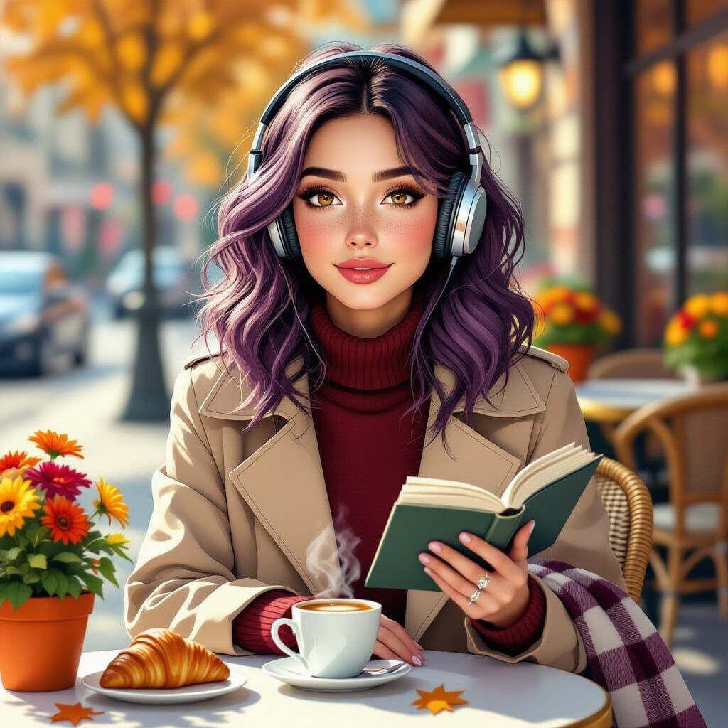 Young Woman Enjoys Autumn Morning at Outdoor Cafe