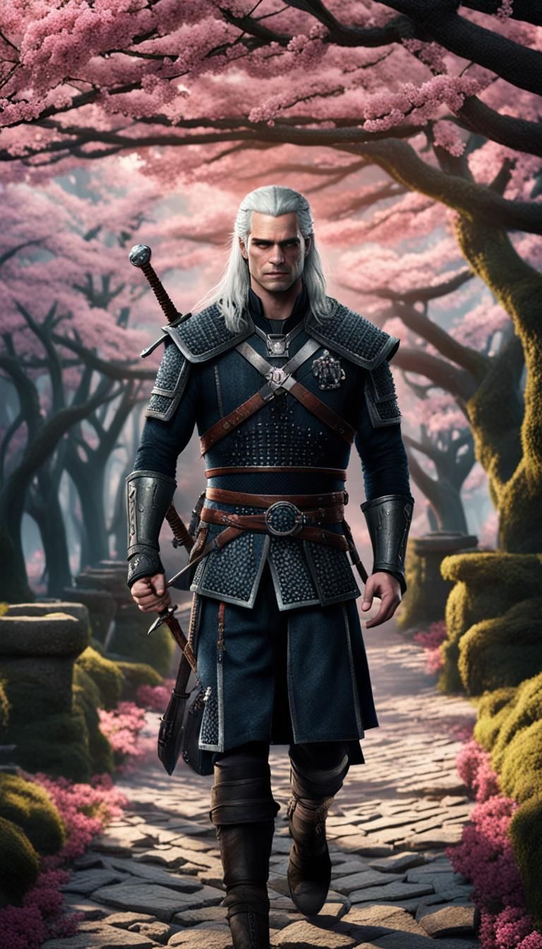 Samurai Witcher in Sakura Woods: Digital Matte Painting