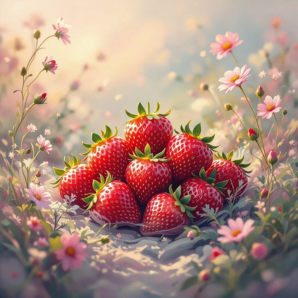 Pink Strawberries in a Dreamy Impressionistic Landscape