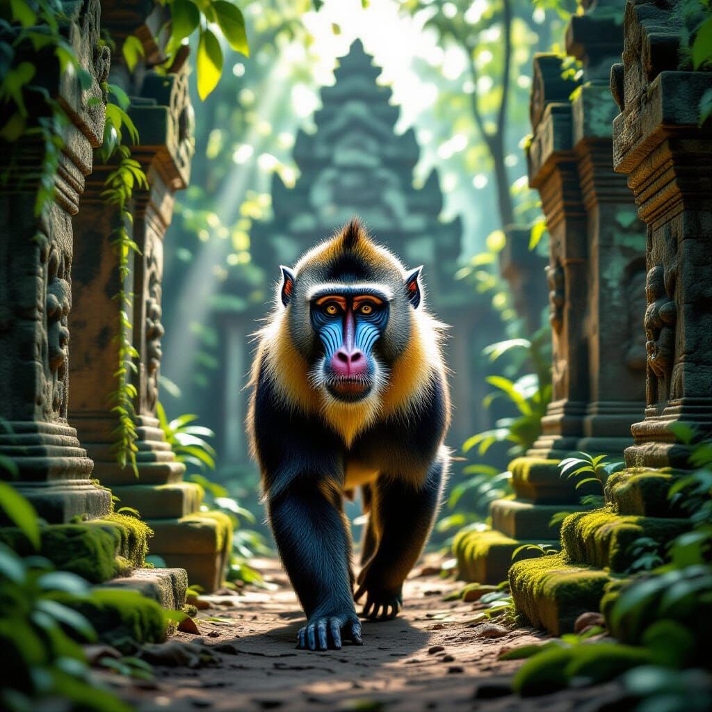 Vibrant Mandrill Monkey in Ancient Jungle Temple