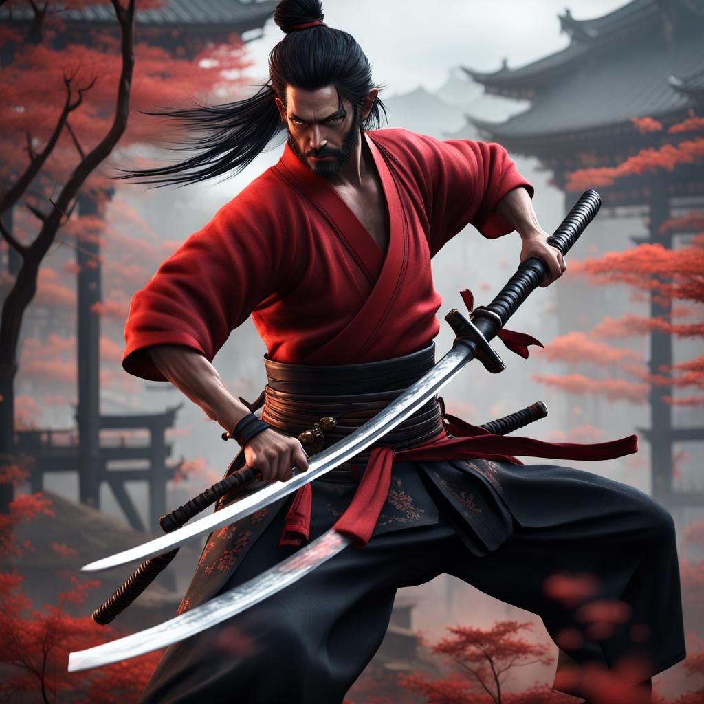 Japanese Samurai Warrior with Katana: Detailed Matte Paintin...