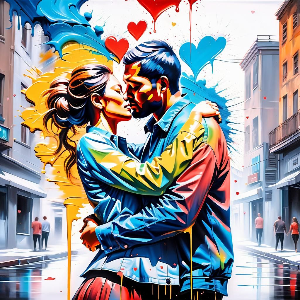 Romantic Couple's Embrace in Colorful Graffiti Art