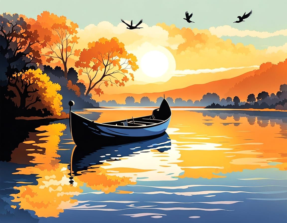 Impressionist Sunset Lake Scene Captures Serene Beauty in Go...