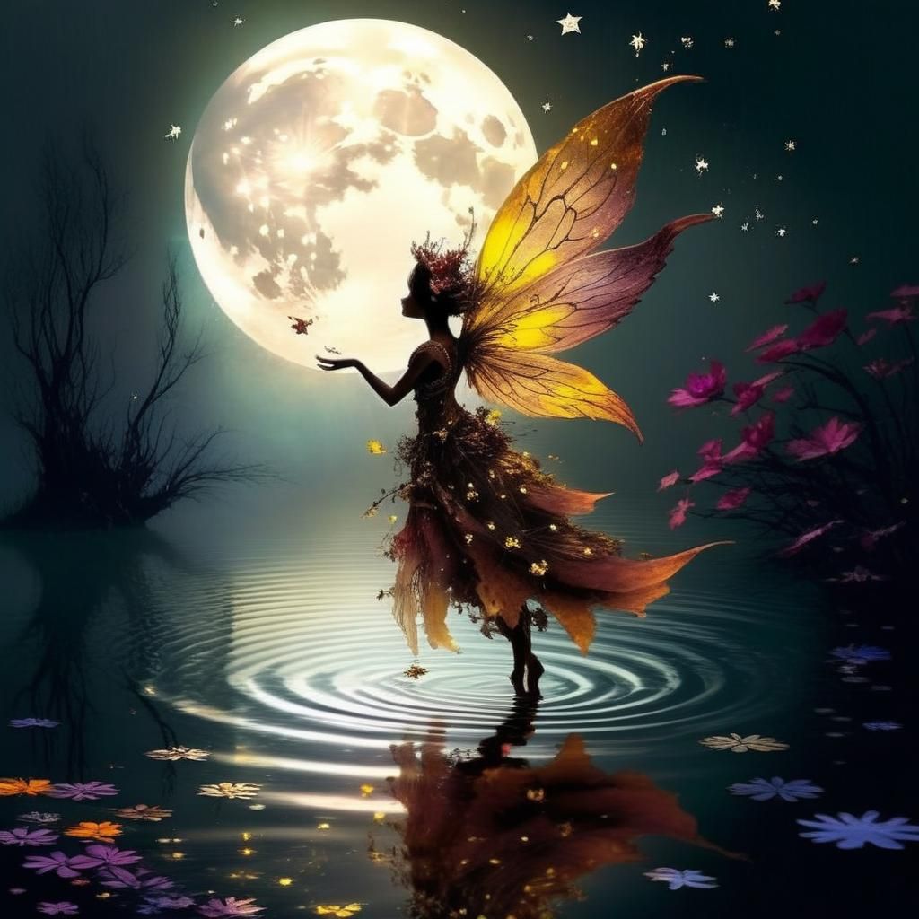 Bioluminescent Autumn Fairy Dances in Moonlight: Digital Pai...
