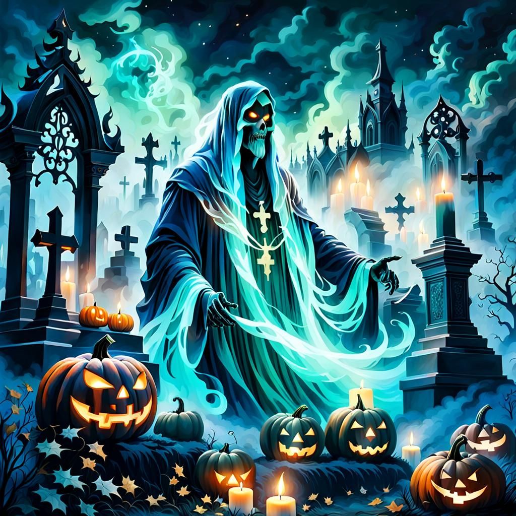 Ethereal Cemetery with Bioluminescent Ghosts