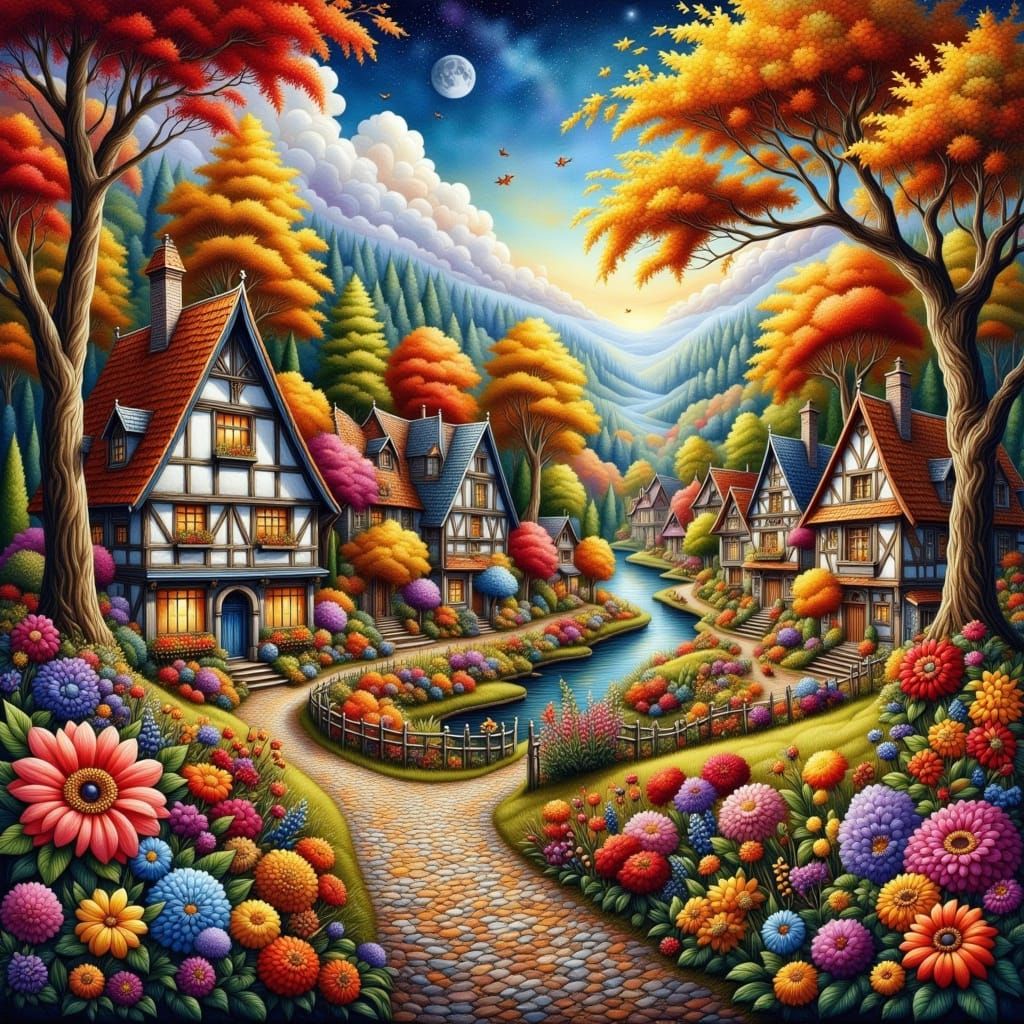 Cosmic Dutch Village in Whimsical Autumn Dreamscape
