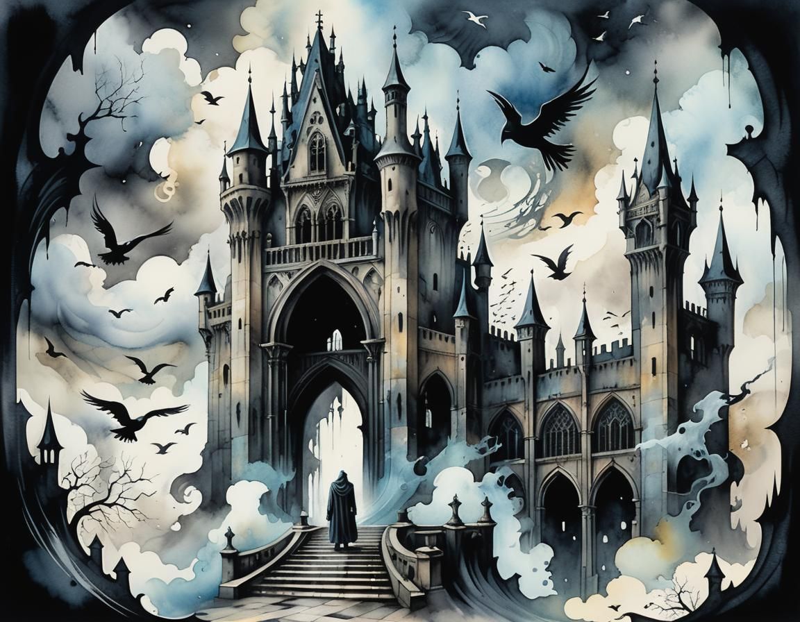 Gothic Surrealism: Ghostly Figure at Dark Castle