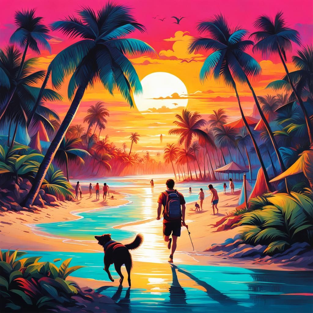 Sunset Beach Scene in Graffiti Splash Art Style